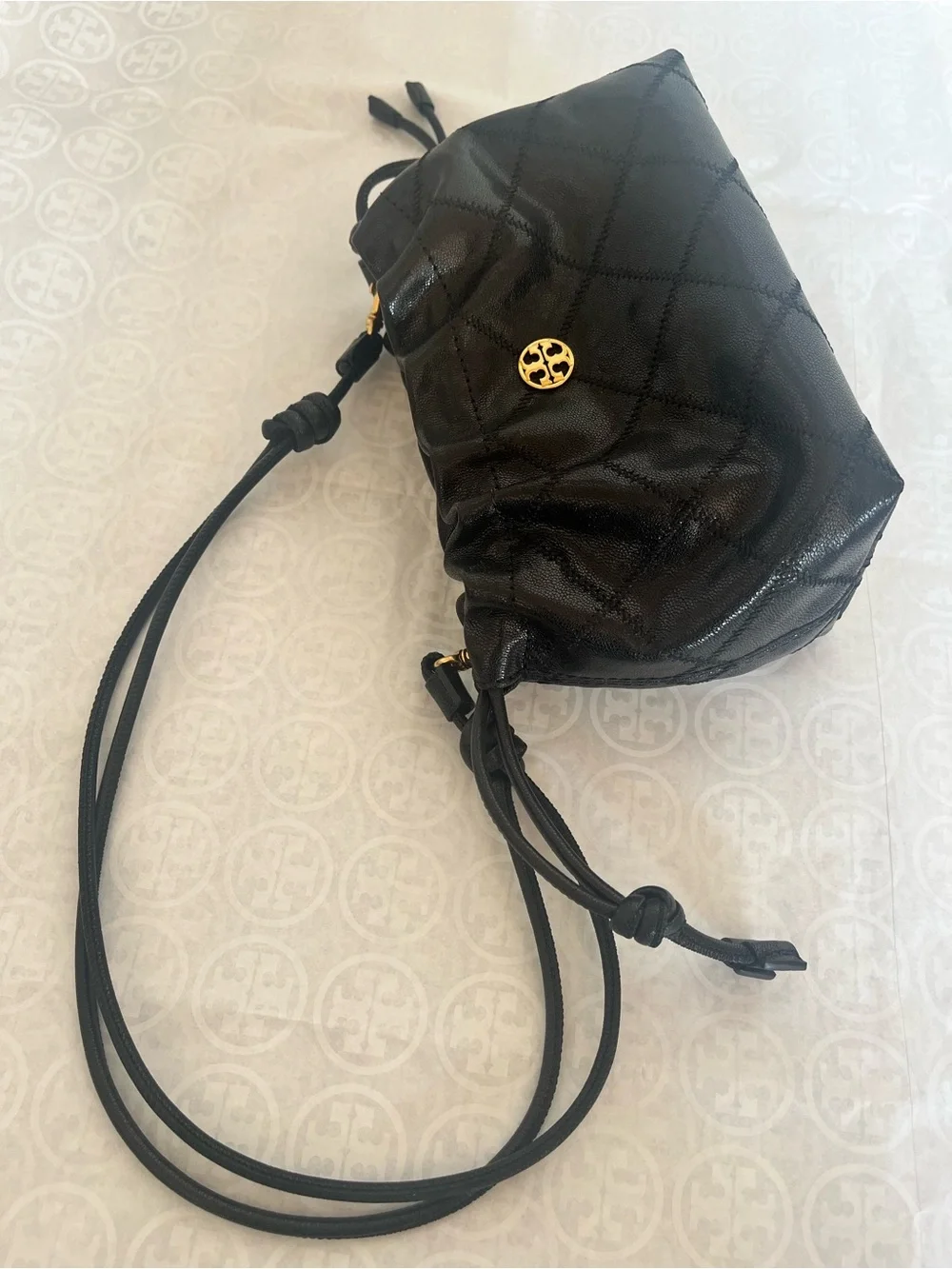 Tory Burch Black Quilted Drawstring Shoulder bag  with Gold Logo